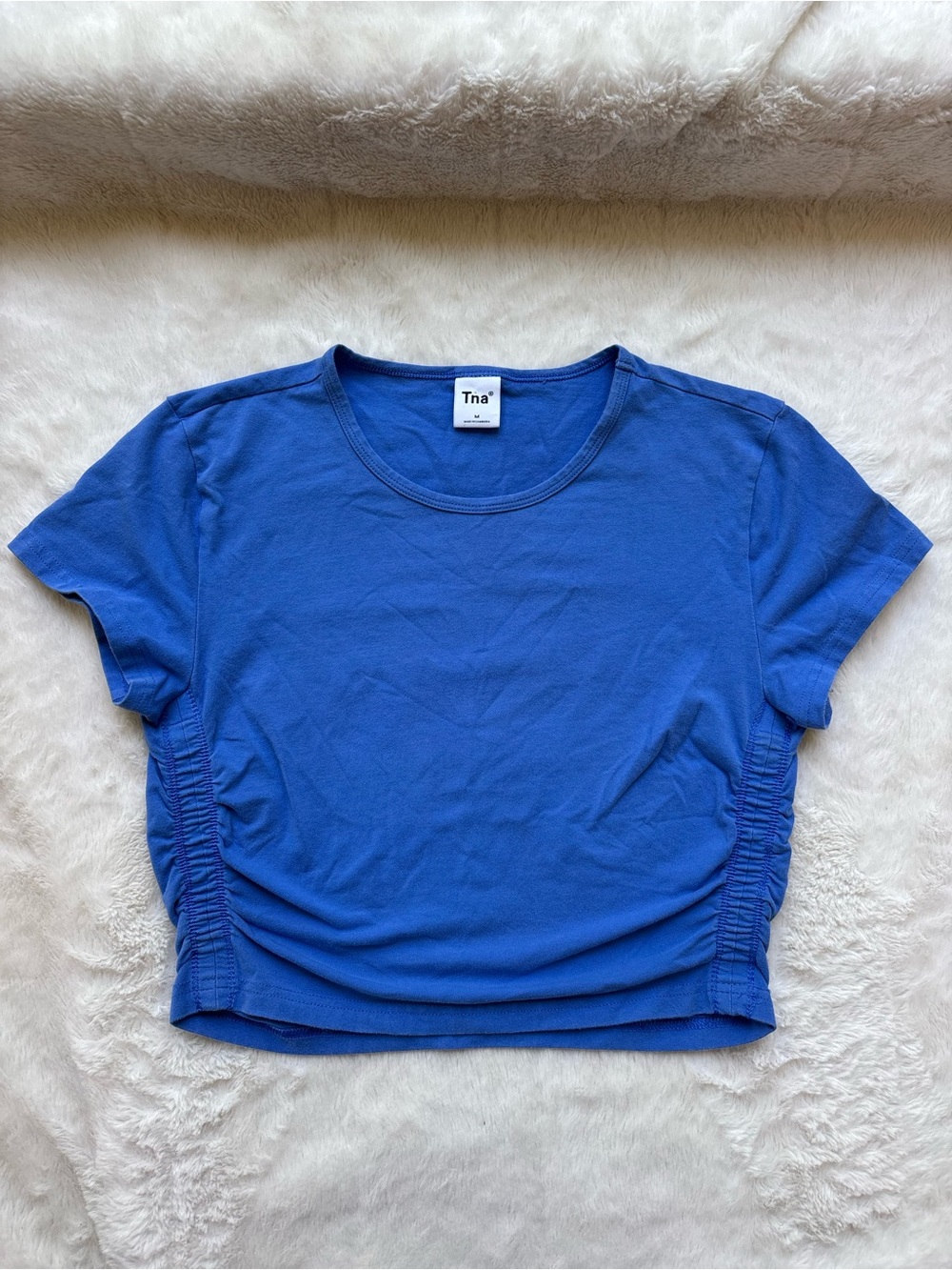 TNA Cobalt Blue Ruched-Side Crop Tee